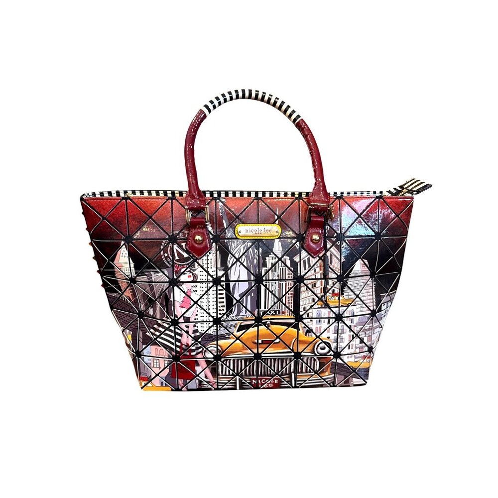 Nicole Lee USA NYC Graphic Tote Bag Red Patent City Print Structured Purse NWOT